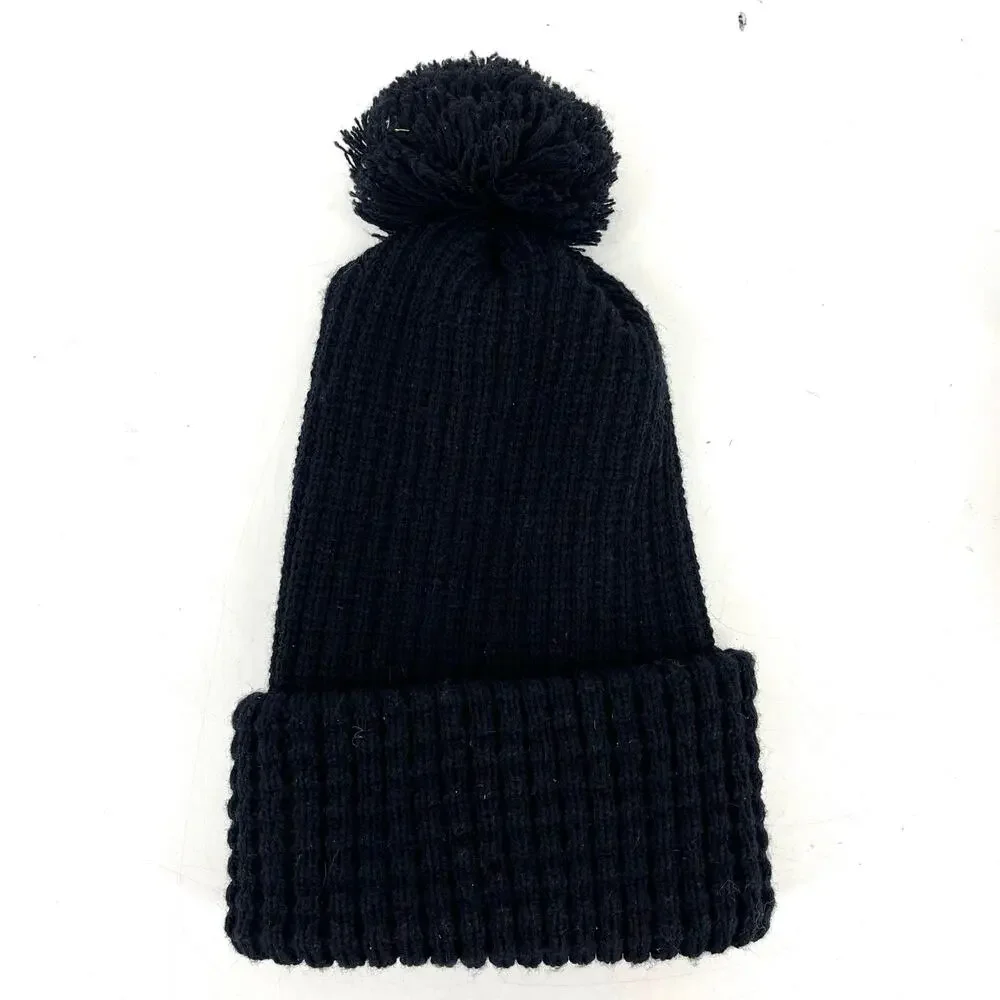 Pape CAT Unisex Black Bobble Winter Ribbed‎ Pom Pom Hat Yellow Logo Beanie